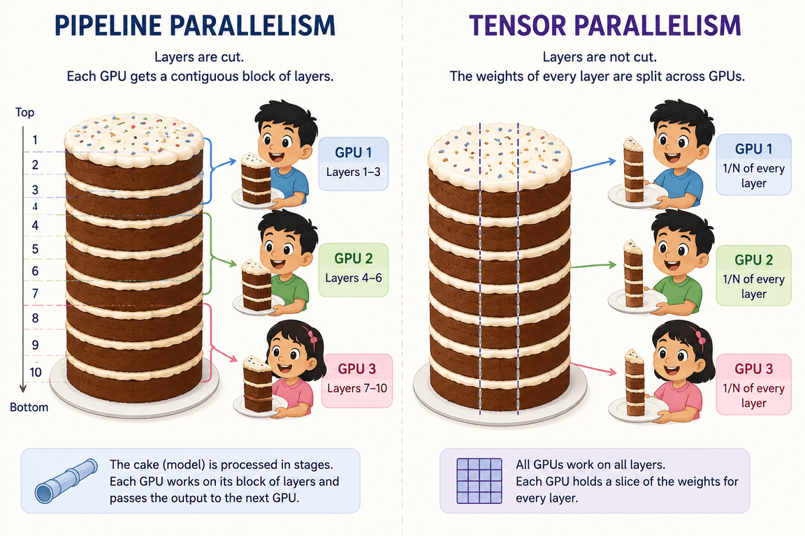 Pipeline parallelism cuts the layer cake horizontally, so each GPU owns a contiguous block of whole layers; tensor parallelism cuts it vertically, so each GPU owns a slice of every layer
